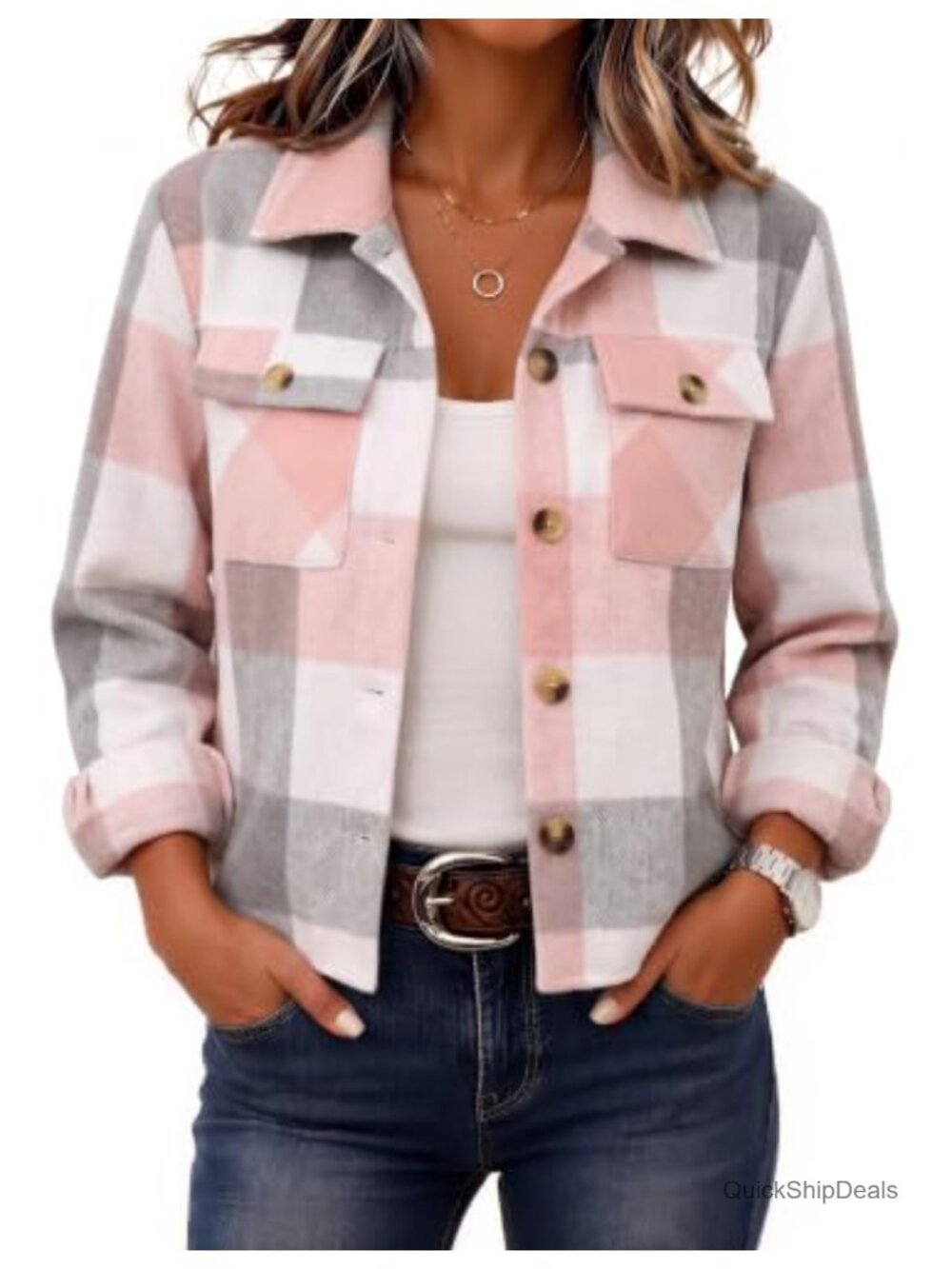 Women's Cropped Plaid Flannel Button-Up Shacket Jacket